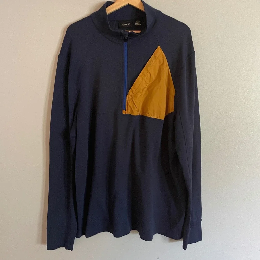 Marmot Pullover Mens XXL Blue Yellow 1/4 Zip Grid Fleece Pocket Gorpcore SCC-569